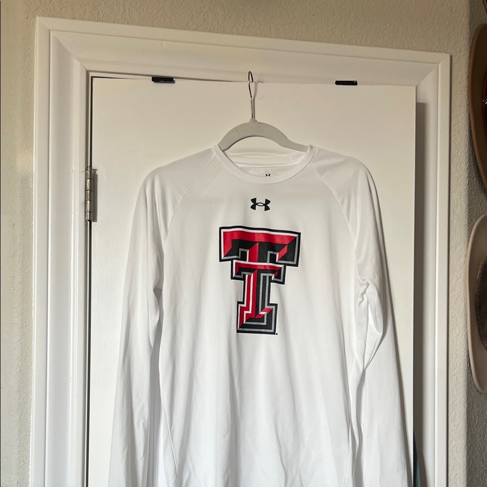 Under Armour Texas Tech , White Long Sleeve Tee with Red and Black Logo